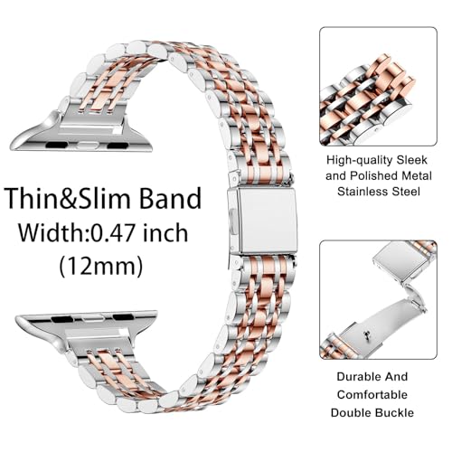 Image of MioHHR Slim Metal Band Compatible with Apple Watch Bands 49 /46 /45 /44 /42mm | Thin Luxury Stainless Steel iWatch Bands Ultra 3 /2 /1 Series 11 /10 /9 /8 /7 /6 /5 /4 /3 /2 /1 /SE3 /SE2 /SE for Women,Silver /Rose Gold