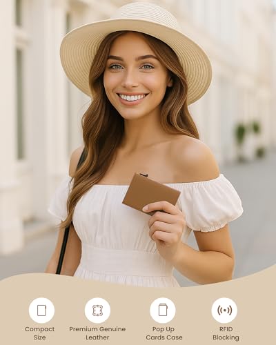 Image of typecase Womens Wallet Card Holder: Pop Up Card Case, Genuine Leather, RFID Blocking, Slim, Minimalist, Thin, Small Size - 9-14 Card Capacity, ID Window, Cash Pocket (Caramel Tan)