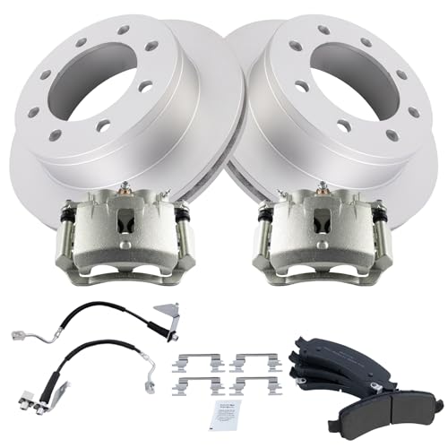 Image of TRQ Rear Brake Pad & Rotor Kit Semi-Metallic Premium G-Coated Compatible with 2008-2016 Chevrolet Express 2500 2004-2016 Express 3500 GMC Savana 2500 Savana 3500