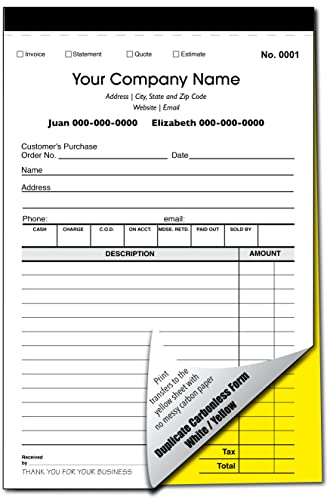 Custom Sales, Invoice, Statement, Estimate, Quote, Personalized Multipurpose Duplicate Carbonless Form With Your Company Name - 2 Books (100 Sets) Numbered #TOP2