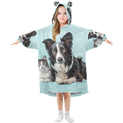 Border Collie Puppy Dog Cat Kids Wearable Blankets Teen Girls Comfy Animal 3D Print Boys Oversized Hoodie Sweatshirt