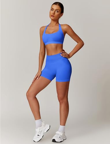 Image of ABOCIW Workout Sets for Women 2 Piece seamless Halter Sports Bra Scrunch Butt Impact Shorts Gym Yoga Outfits