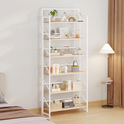 Image of JSB Folding Bookshelf,Industrial Storage Shelves, No Assembly Vintage Wood Look Bookshelf with Storage Shelves for Living Room, Bedroom, Office (White, Wide 6-Tier)