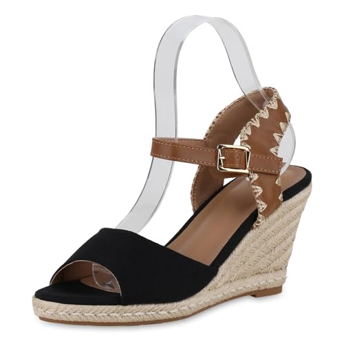 VAN HILL Damen Keilsandaletten Keilabsatz Bast Trendy Schuhe 215098 Schwarz 39