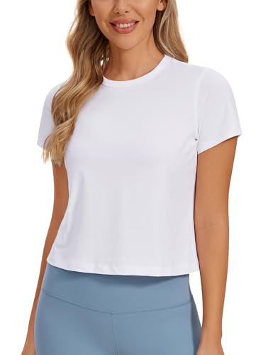 CRZ YOGA Women's Pima Cotton Short Sleeve Crop Tops High Neck Cropped Workout Shirts Yoga Athletic Casual T-Shirt White Small