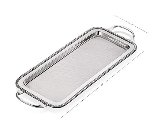 Rectangular Stainless Steel Tray for Serving and Decor, Decorated with Small Crystal Beads on Edge, Handles on Sides- 20"L x 8"D