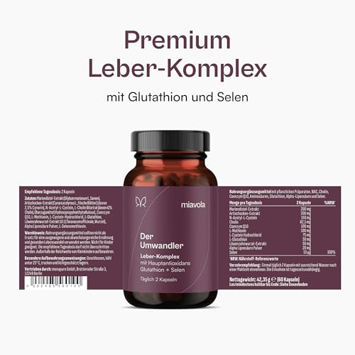 miavola® der Umwandler® Schilddrüsen & Leber Komplex mit Mariendistel, Artischocke, Cholin, Glutathion, Selen, NAC + weitere Aminosäuren - 60 Kapseln hochdosiert & vegan