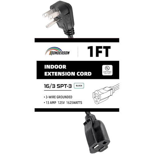 HONDERSON Flat Plug Extension Cord UL Certified Indoor Extension Cord 16 Gauge 1FT Black 16/3 SPT-3 13A 3 Prong Grounded Power Cord for Home Office