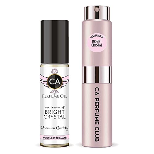 CA Perfume Duo Impression of Bright Crystal For Women Eau de Parfum Refillable Atomizer Sprayer + Fragrance Body Oil Long Lasting Sample Travel Size Roll-On Bottle 0.27 Fl Oz+0.33 Fl Oz
