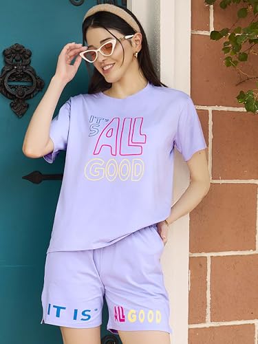 Image of ZEYO Night Suit for Women's Typography Printed Cotton Night Dress of Top and Shorts
