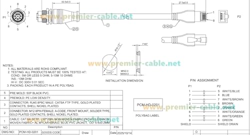 Cable Industrial Ethernet M12 A Code a RJ45 0.3m Cat6a miniatura 7