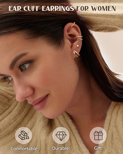 CASSIECA Small Ear Cuffs Earrings for Women - Hypoallergenic 14K Gold Earrings Stack Sets for Sensitive Ears Dainty Stud Hoop Earring Clip on Cartilage Tragus Helix Earings Set Trendy Jewelry 5 Pairs2