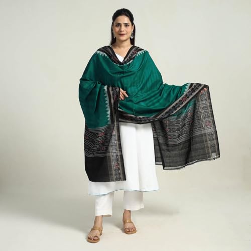 Image of Cotton Dupatta with weaving and Ikat woven border from the Weavers Stole for Girls & Women