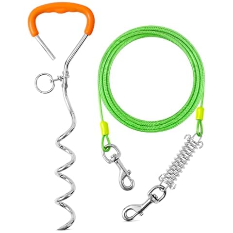 Dog Tie Out Cable and Stake,30ft Outside Dog Run Cable Leash&Chain with Shock Spring for Camping and Yard, 16'' Heavy Duty Anti Rust Spiral Stake for Small-Large Dogs Up to 200 lbs(Green, 200lbs 30FT) Cover