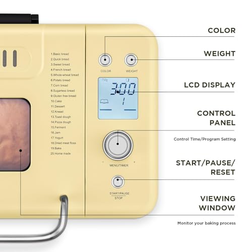 Neretva 20-IN-1 Bread Maker, Dual Heater 2LB Bread Machine Stainless Steel Bread Maker Machine Nonstick Ceramic Pan Compact for Gluten Free/Sourdough/Whole Wheat Bread/Yogurt, Breadmaker Recipe-Yellow
