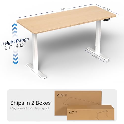 Image of VIVO Real Bamboo 60 x 24 in Standing Desk, DESK-KIT-1W6O | Electric, Holds 220 lbs, Sit Stand, Height Adjustable, Solid One-Piece Table Top, Memory Presets, 1B Series, White Frame