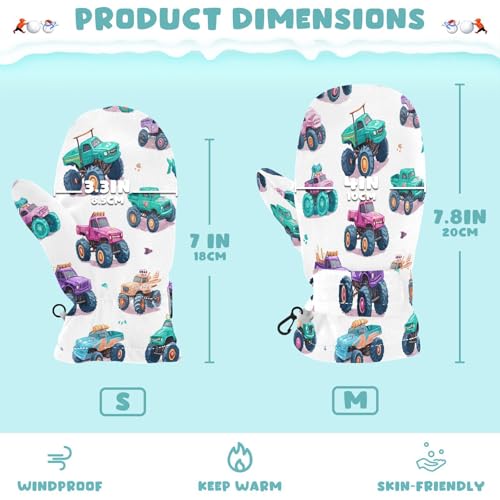 Caikeny Kids Snow Mittens Color Monster Trucks Toddler Warm Gloves Winter Ski Mittens for Girls Boys Baby 2-4 Years S3