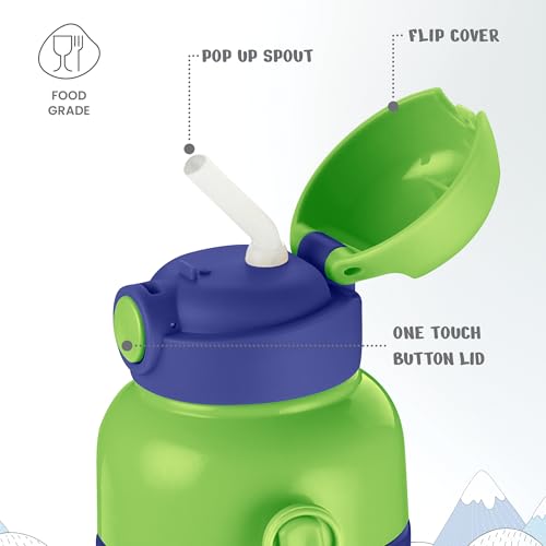 Image of Milton Steel Indus 400 Thermoware PU Insulated, 390 ml Water Bottle with Straw for Kids, Leak Proof Flip Top Sipper Lid Bottle, School, Picnic, Easy to Carry Belt, Dark Blue