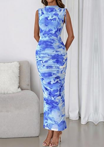 Image of PRETTYGARDEN Women's Summer Maxi Dresses Ruched Bodycon Split Long Dress | Mock Neck, Sleveless, Floral Mesh Dress, Cocktails Dress for Wedding Guest, Party, Summer Outfits 2026
