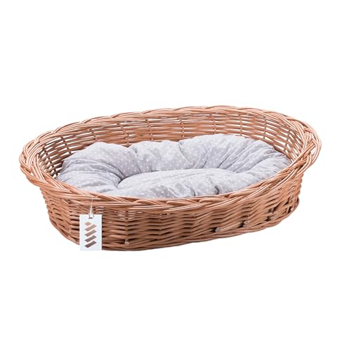 Wiklinowy Świat - Weidenbett für Haustiere, Weidenkorb Hundebett Katzenbett - Natürlich warm, atmungsaktiv und stilvoll - Verschiedene Größen 66x47x15cm - grau gepunktetes Kissen