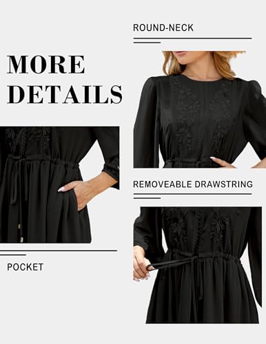Image of Women's Casual 3 /4 Sleeve Fall Floral-Embroidered Long Dress Crew Neck Flowy Swing Dress with Pockets