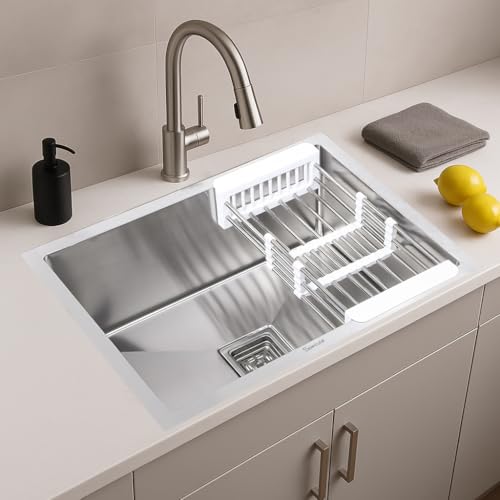 Image of Kitchen Sink (24X18X10) Inches| Heavy Duty Stainless Steel Sink | Undermount & Topmount Installation | Brushed Finish with Grid Drain | Compact Square Sink for Kitchen, Bar or Utility