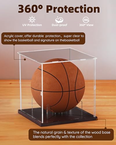 Image of Fitense Basketball Display Case Acrylic Clear, UV Protected Basketball Stand Box Full Size with Solid Wood Base, Soccer Display for Autographed Standard NBA WNBA Ball Memorabilia Keepsake, Ideal Gift