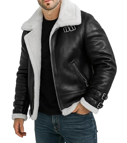 Mens Faux Fur Leather Jacket B3 Flight Pilot Stylish Removable Hood Black Leather Coat3