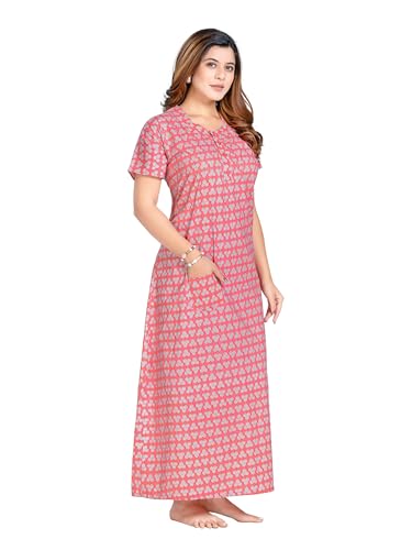 Image of PNAEONG Women's Printed Cotton Nighty, Gown Maxi - Free Size Peach