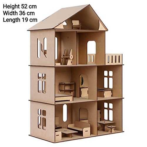 Image of DIY Wooden Doll House with Furniture for Kids, Model 5, Large Dollhouse Construction Kit with Assembly Instructions