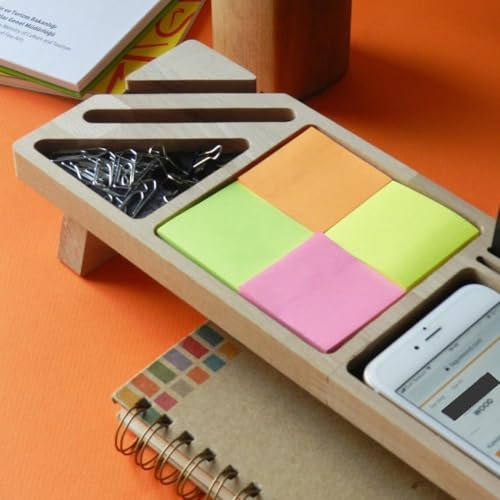 Image of Wooden Desk Organizer with Phone Stand, Multi-Compartment Stationery Holder, Natural Wood Finish (STYLE-2)