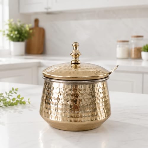 ANYRA'S TROVE Hammered Pure Brass ghee Pot with Lid and Spoon(500ML) Pickle Container Jar with Embossed Designer Spoon and Golden Finish, Multipurpose kitchen Jar,11cm Height, 9cm Diameter