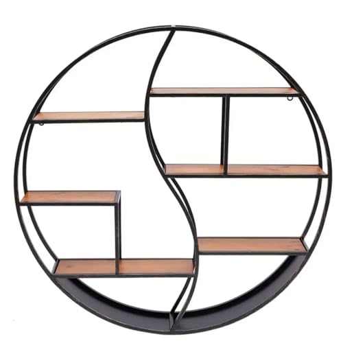 Divit Étagère murale ronde en bois avec cadre en métal - Étagère flottante avec 6 étagères - Diamètre : 68 cm - Noir