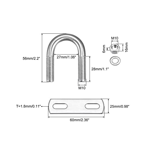 Image of uxcell Round U-Bolts, 27mm(1.06 inch) Inner Width 56mm Length M10 304 Stainless Steel U Clamp Bolt with Nuts Washers and Plates, for Boat Trailer