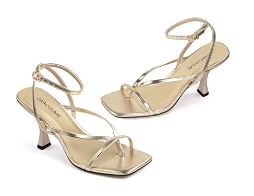 Image of Carcuume Womens Kitten Heels Square Toe Thong Strappy Ankle Strap Stiletto Heel Sandals