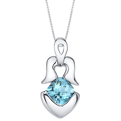Peora Swiss Blue Topaz Pendant Necklace for Women Sterling Silver, Natural Gemstone Birthstone, Tumi Solitaire 1 Carat Cushion Cut 6mm, with 18 inch Italian Chain