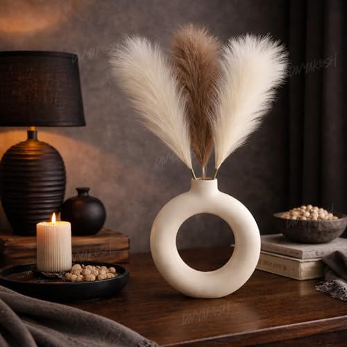 Image of Divyakosh Artificial Pampas Grass 3 Pcs (2 White + 1 Brown) Faux Dried Flowers Small Flower Stems for Home Decor, Living Room, Bedroom, Table Vase Decoration Office Boho Decor (41 cm, No Vase)