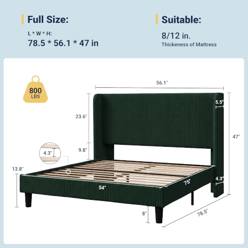Image of Allewie Full Size Platform Bed with Corduroy Wingback Headboard, Green | 800 lb Capacity, Corduroy Wingback Headboard, Vertical Channel Design, Wood Slat Support, No Box Spring Needed, Easy Assembly