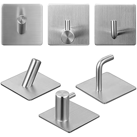 Faankiton 6 Pack Self Adhesive Coat Hooks,Stainless Steel Door Hooks,Anti-Rust Waterproof Sticky Hooks,for Kitchen Bathroom Office Toilet, 3 Types No Drilling, Silver Cover
