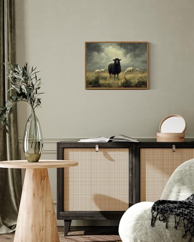 Image of ARPEOTCY Vintage Framed Canvas Wall Art, 12x16inch, Farmhouse Black Sheep Wall Decor, Country Art Prints Home Decorations, Cottagecore Paintings for Living Room Bedroom Office Decor