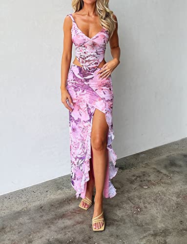 Women Y2K 2 Piece Maxi Skirt Set Lace Up Back Tank Tops Tie Up High Waist Long Skirt Split Maxi Skirts Outfits2