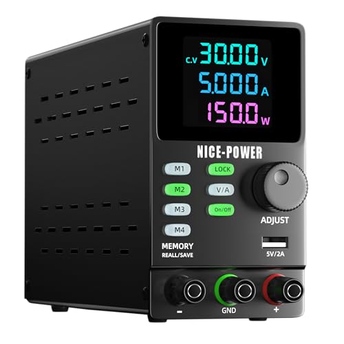 NICE-POWER DC Power Supply Variable, 30V 5A Adjustable Regulated Lab Bench Power Supply with Encoder Knob, Memory Storage, Color 4-Digit Display, Output Switch, Lock Button, 5V/2A USB Port