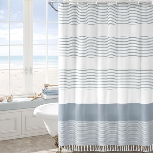 Awellife Blue Shower Curtain Beach Ocean Coastal Nautical Shower Curtain for Bathroom Stripe Tassel 72 X 72 Inches Cotton