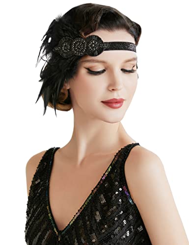 BABEYOND 1920s Flapper Headpiece Roaring 20s Great Gatsby Headband Vintage Feather Headband 1920s Flapper Gatsby Hair Accessories for Party (Black)