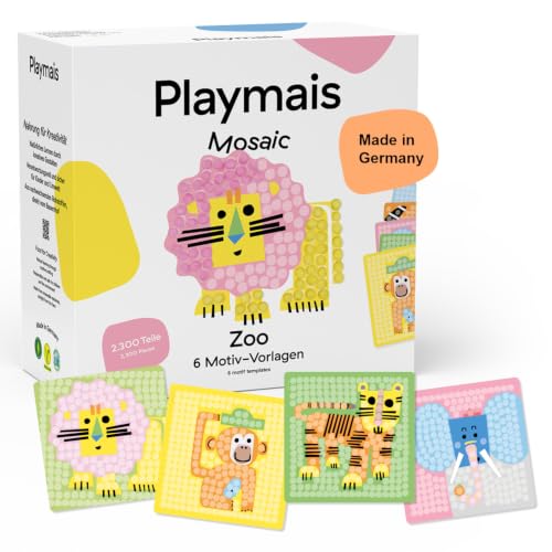 Playmais Mosaic Zoo | 2300 Teile | Bastelset | natürliches Spielzeug | inkl. Schwämmchen, 6 Motiv-Vorlagen | vegan, verantwortungsvoll & sicher für Kinder & Umwelt | ab 3 Jahren