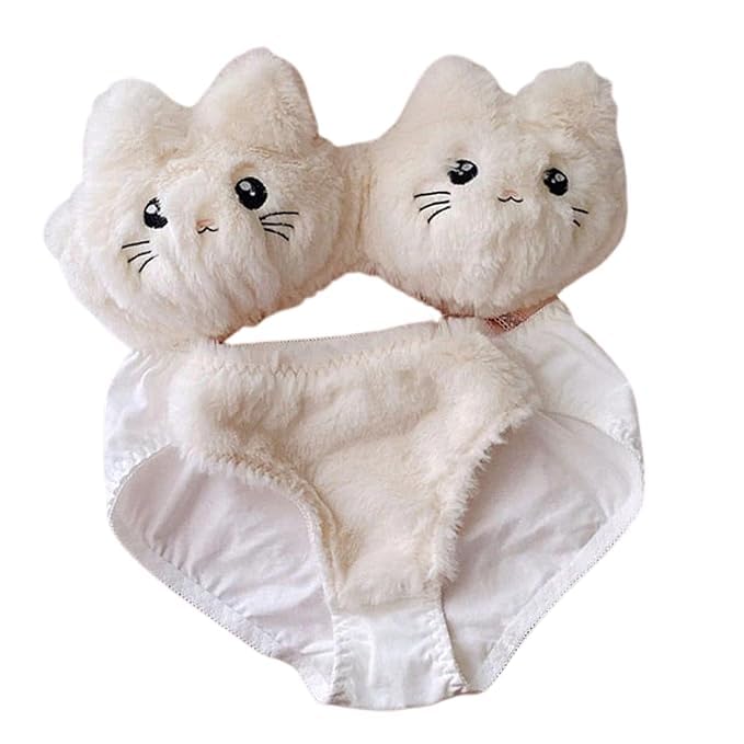 Image of Cute Kawaii Lingerie Set - Plush Kitty Design Adorable Bra and Panty Set in Soft Pink and Cream - Cosplay Lingerie Honeymoon Date Night Couple Valantine Day Gift Sexy Lingerie