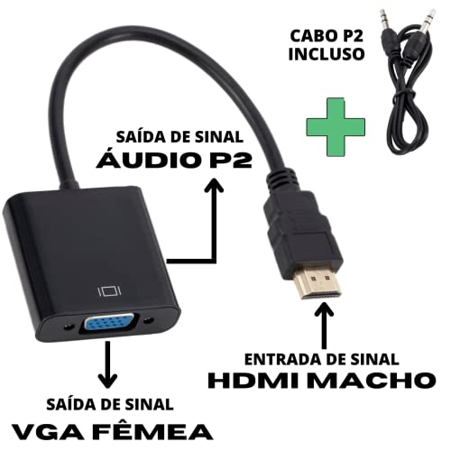 Cabo Conversor Adaptador Hdmi Para Vga Com Saída P2 Áudio PREMIUM, GOLLATE®
