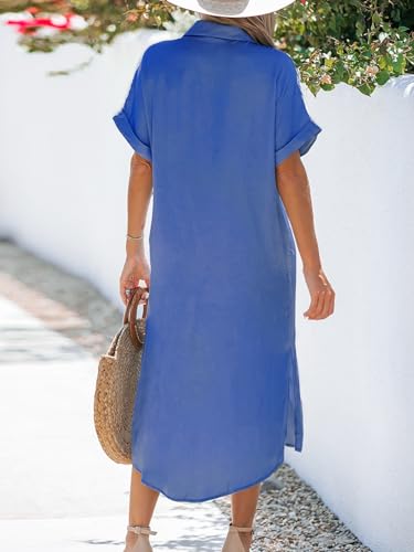 Image of CUPSHE Women Long Summer Dress Bell Sleeve Button Down Dress V Neck Casual Shirt Cover up Dress