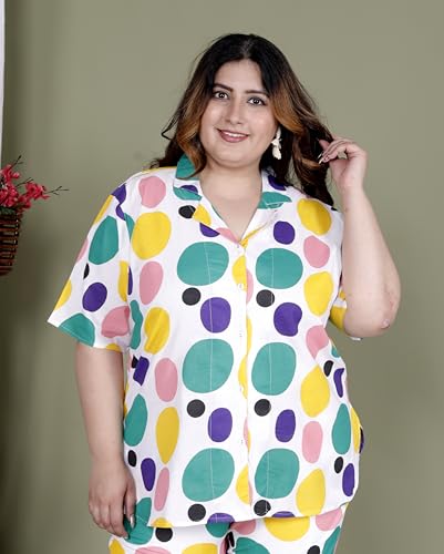 Image of Printed Shirt Style Cotton Night Suit for Women with Extra Plus Size