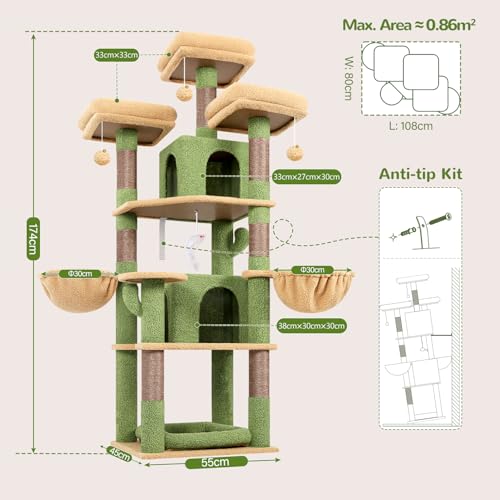 Image of Globlazer Big XL Cactus Cat Tower for Indoor Multiple Cats, F68B, Green